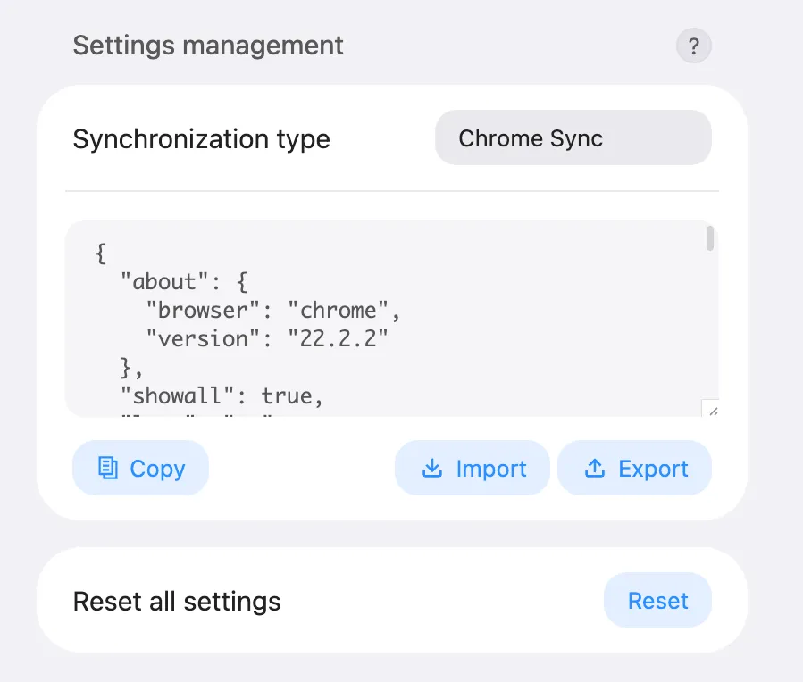 The settings management section in Bonjourr
