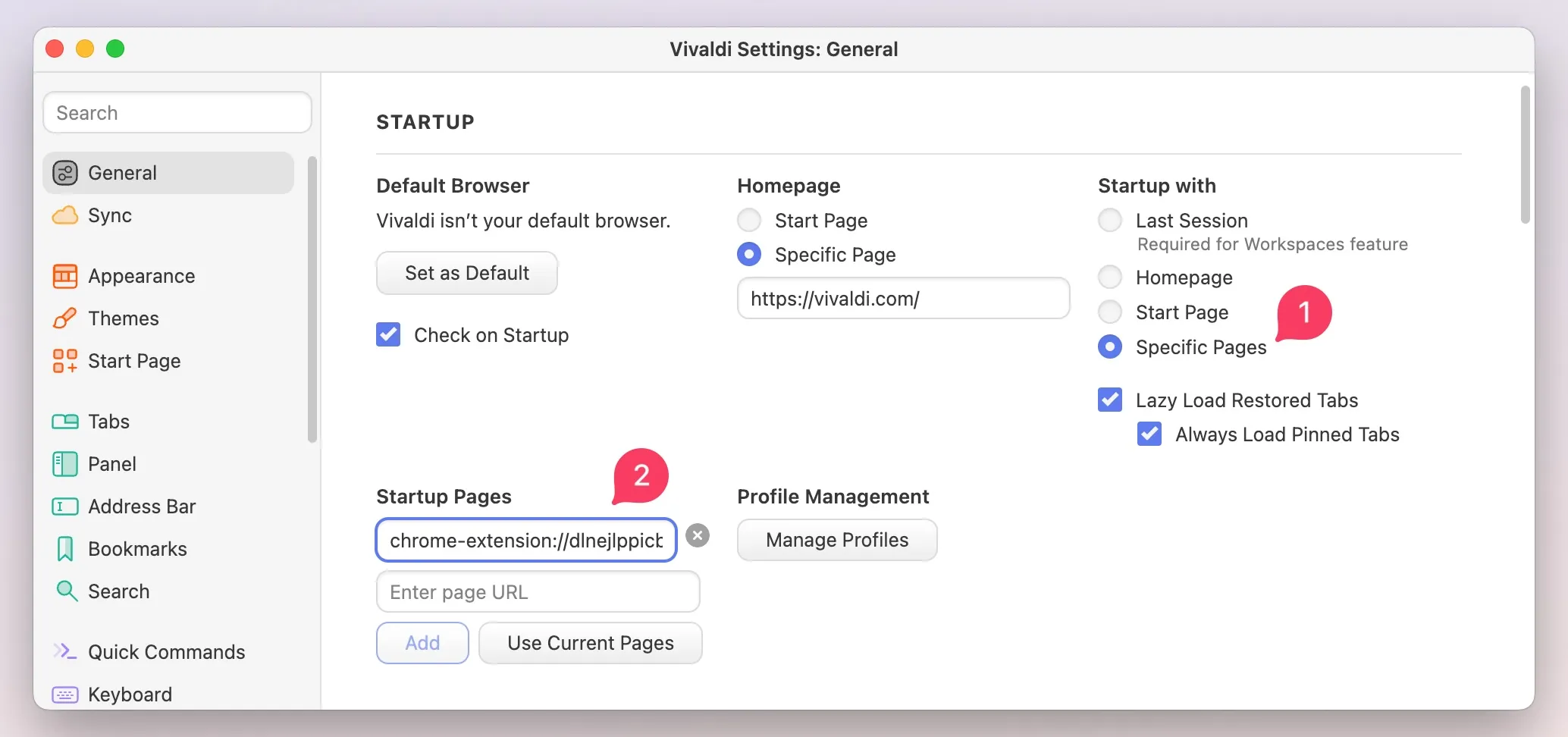 Vivaldi's General settings tab